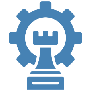 Mask group (37) Blue rook and gear icon on black.